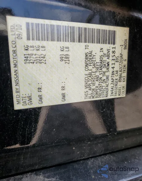 2011 Nissan Altima Base z USA, uszkodzony, nr VIN 1N4AL2AP7BN413581